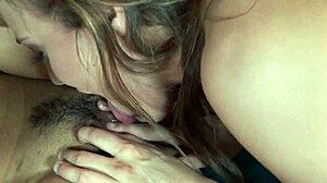 Hot asian lesbian interacts with babe on her knees