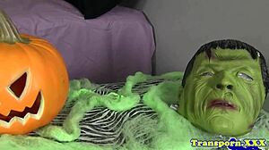 Bikini tgirl strokes hard after wild Halloween bash