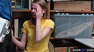 a slender russian teen 18+ caught stealing by security. she faces consequences in the backroom.