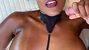 Raven Swallowz, ebony pornstar with big tits, offers interracial blowjob and facial in hardcore fucking