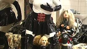 Ebony babe in rubber outfit performs show