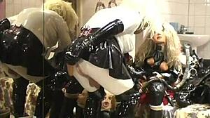 Ebony babe in rubber outfit performs show