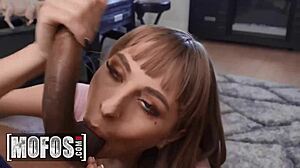 Angel Young forgets her key and seizes the chance to ride her neighbor's monster cock with deepthroat and cum on tits