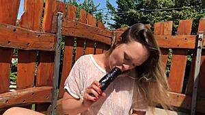 Balcony Dildo Sucking and Fucking Fun