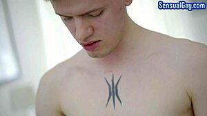 Tattooed Twink Jerks Off and Cums Sensually in Close-Up