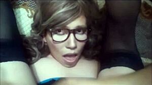 Transsexual Cums on Her Own Glasses in Self Facial
