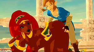 Urbosa And Link Engage In An Intriguing Animated Encounter In The Cartoon World