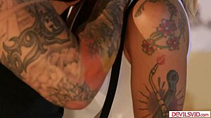 Tattooed babe teases shop owner with deepthroat blowjob before intense banging