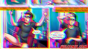 Nerd se igra z dvema blondama v risankastem stilu