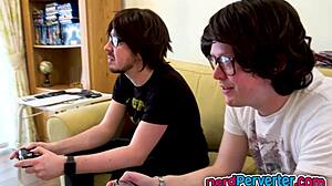 Blonde stunner casually blowing two nerds