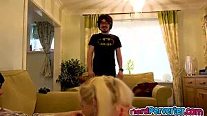 Blonde stunner casually blowing two nerds