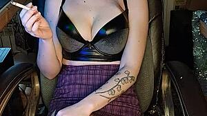 Mature asian whore strips naked and smokes cigarette seductively