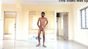 rajesh strips and masturbates, moaning while cumming in cup