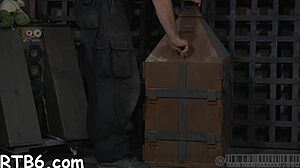 Beautiful Girl Bound in Cage for Femdom Blowjob