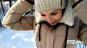 girlfriend gives emotional outdoor blowjob in the snow