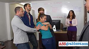 Watch this blindfolded hunk grab that gay ass in the office swing during a hardcore threesome with costumes