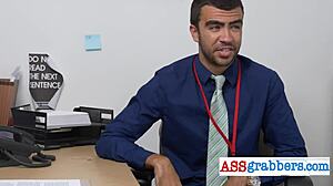 Watch this blindfolded hunk grab that gay ass in the office swing during a hardcore threesome with costumes