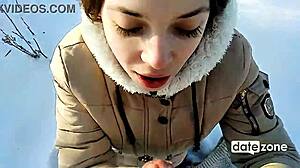 girlfriend gives emotional outdoor blowjob in the snow