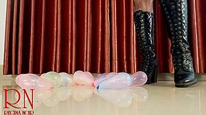 Femdom Dominates with High Heels Popping Balloons on Ass Close-Up
