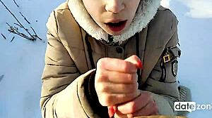 girlfriend gives emotional outdoor blowjob in the snow