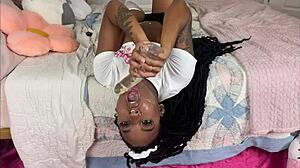 Ebony Babe Fucks My Face and Spits into Bowl with Big Tits