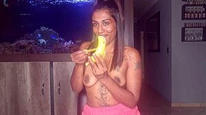 Topless Desi Squeezes Boobs While Sucking and Deepthroating Banana Kinkily