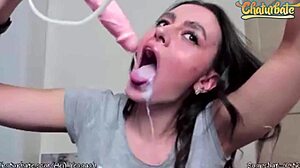 Ejaculating Dildo Covers Her in Cum with Ahegao Face