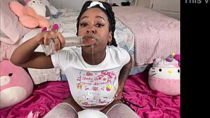 Ebony Babe Fucks My Face and Spits into Bowl with Big Tits