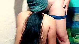 Petite amateur gives deepthroat blowjob showing her ass in thong.