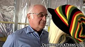 Young euro teen feels intense pleasure fucking senior man. She blows and gets facial.