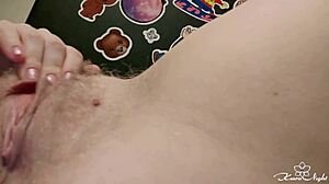 Hey, watch this girl finger her hairy pussy up close in sensual solo!