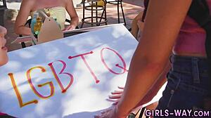 Skinny teen in lesbian 3way riding face hard?