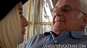 Young euro teen feels intense pleasure fucking senior man. She blows and gets facial.