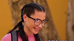 Skinny teen in lesbian 3way riding face hard?