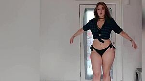 Curvy blonde milf teases with striptease on Vegas trip. Her sexy dance rips through shorts.