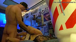 Amateur couple in lingerie and stockings enjoys getting fucked from behind with huge cock, focusing on big ass