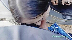 My naked slut sucks and fucks on the street