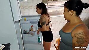 Those naughty Latinas in lingerie get super excited by the big sausage and turn the kitchen into a wild fuck fest! 😈🍆