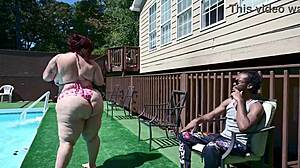 Latina bbw pornstar monique lustly lets fans play with her tits by the pool