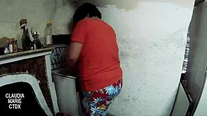 I was blowjobbing my fat partner in the greasy kitchen, but slipped on the mess.