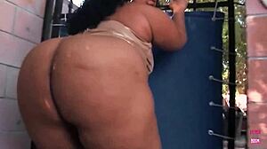 Ebony bbw spreads her fat pussy lips for a huge cock to fuck her hard