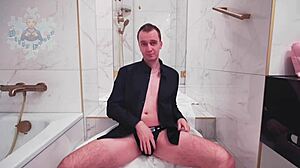 The skinny guy rides a dildo for the first time, shy and moaning.