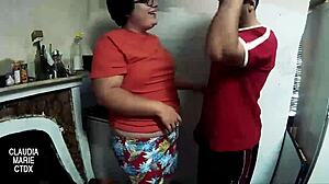 I was blowjobbing my fat partner in the greasy kitchen, but slipped on the mess.