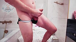 The skinny guy rides a dildo for the first time, shy and moaning.