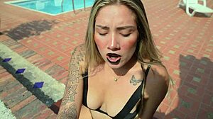 sara blonde makes ahegao and gives masturbation instructions in public bdsm session