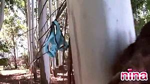 Is this solo teen 18+ lesbian teasing her pussy with fingering outdoors?