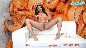 WTF Brunette Teen 18+ Masturbates To Shrimp On Webcam!