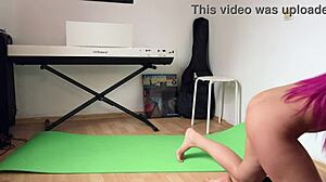 Athletic girl completes yoga workout by using dildo for exercises leading to two real orgasms