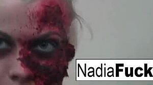 Sexy zombie seduces with pleasures between her legs.