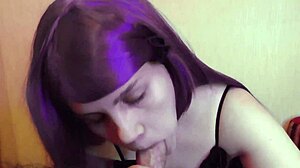 Naughty Purple Babe Sucks Cock POV with Handjob and Facial Cum